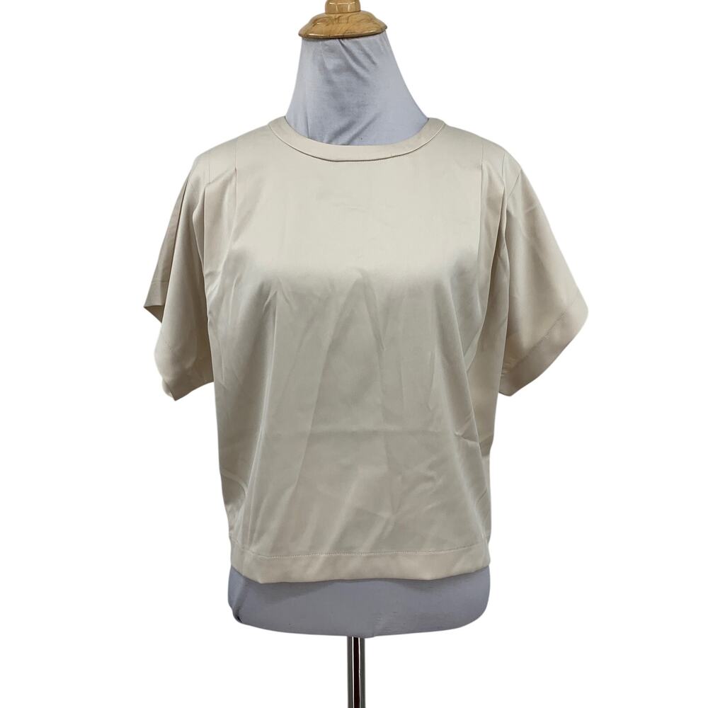 Steve Madden Shirt Women S Small Ivory Noah Stretch Satin Crew Short Sleeve Crop